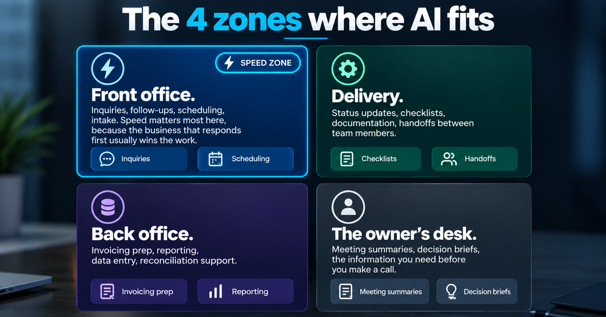The 4 zones where AI fits: front office, delivery, back office and the owner's desk